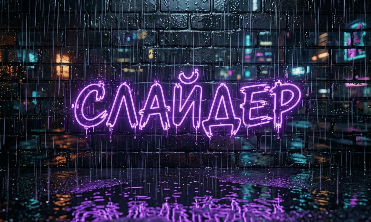 Неоновая вывеска со словом «Слайдер» на мокрой кирпичной стене